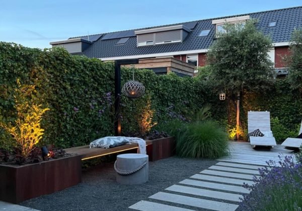 Modern patio with paving stones and decorative garden lighting